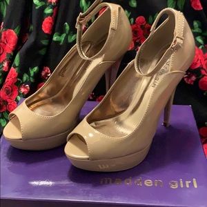Madden Girl nude peep-toe pumps with ankle strap